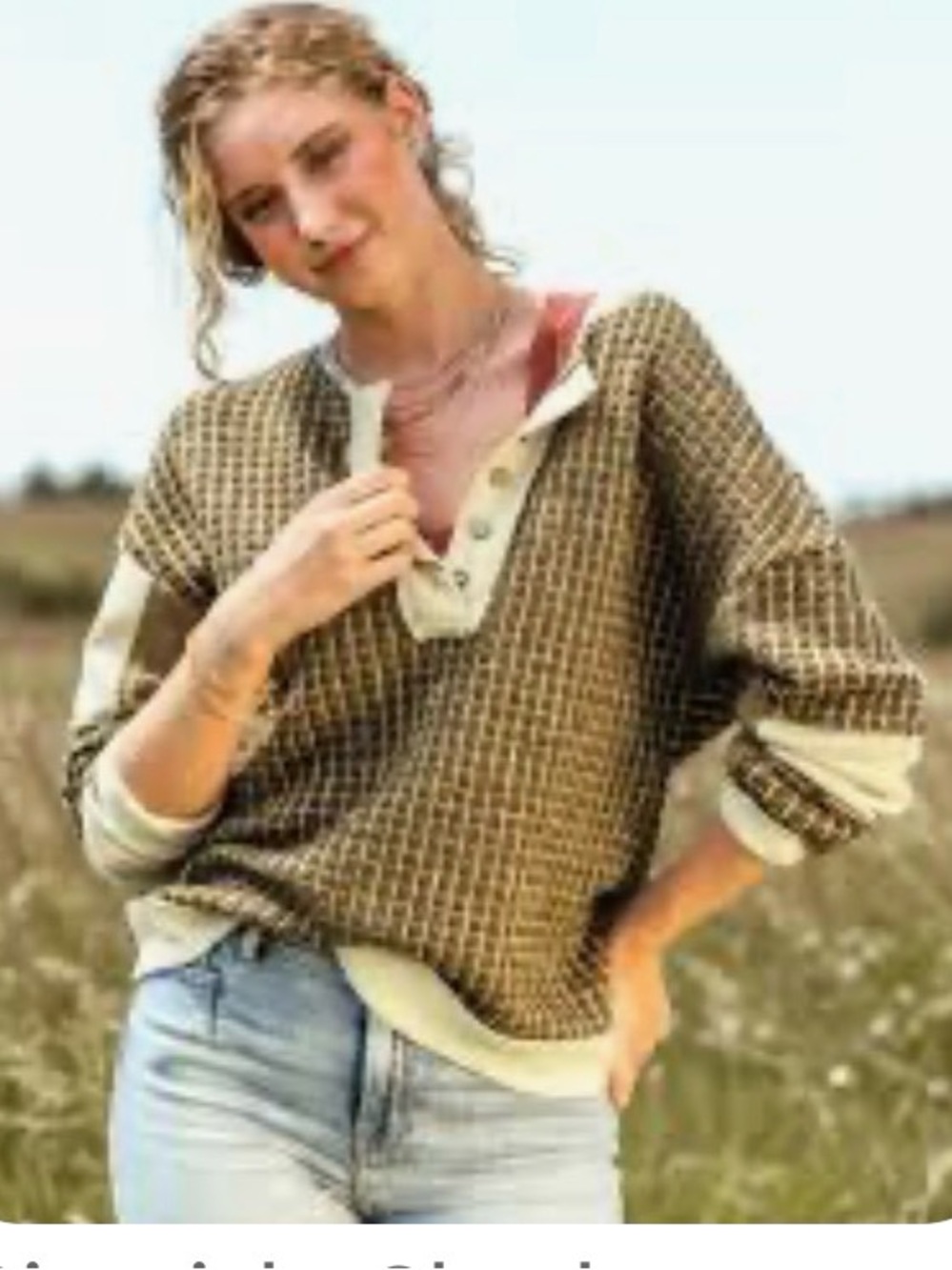 Gimmicks Woven Checkered Knit Olive Green Wool Mohair Blend Henley Sweater